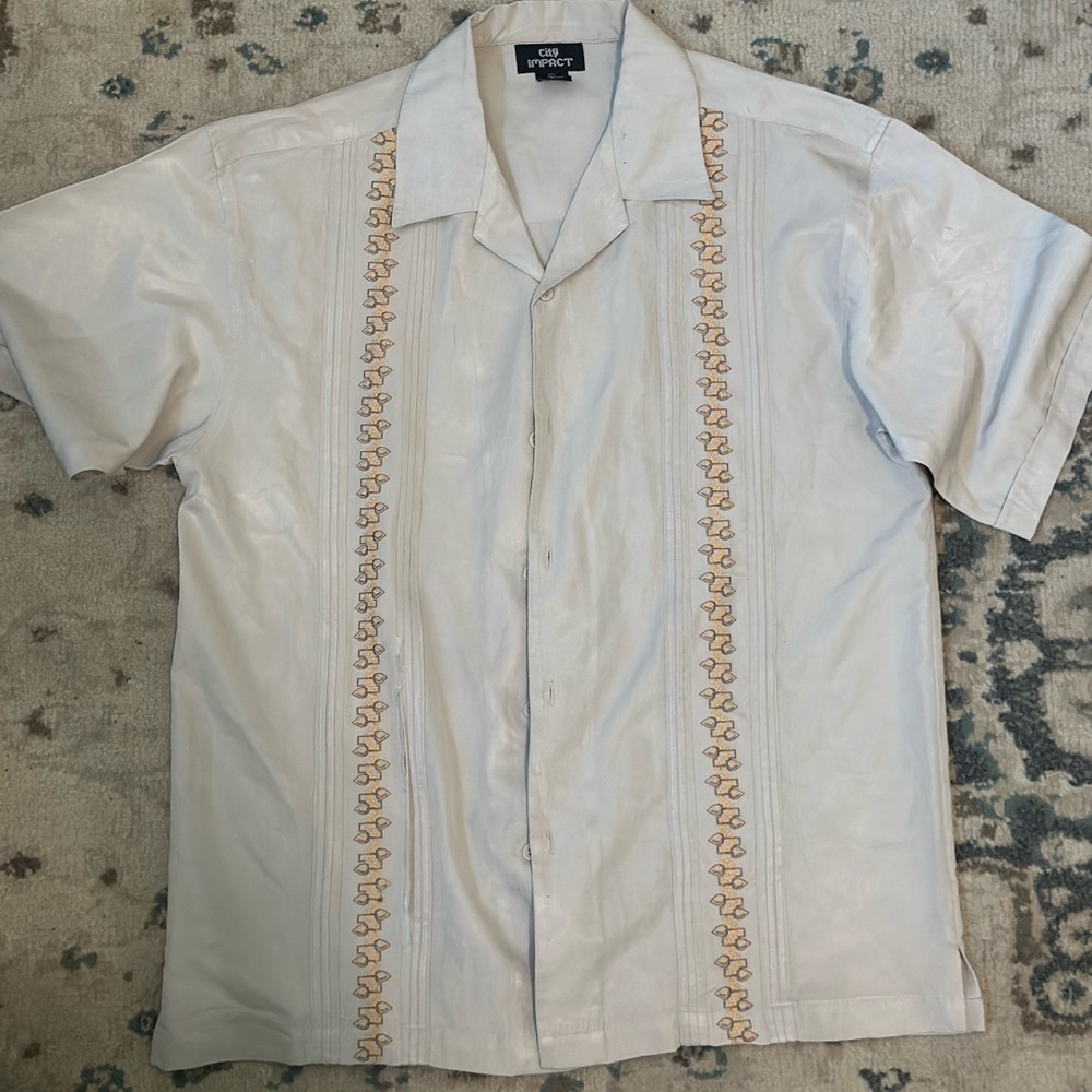 City Impact Cream Casual Button Down Shirt Short Sleeve
